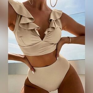 New Small High Waisted 2 Piece Tan Bathing-Swimsuit